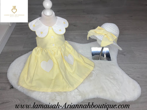 Linen Scaloo Heart Dress LEMON